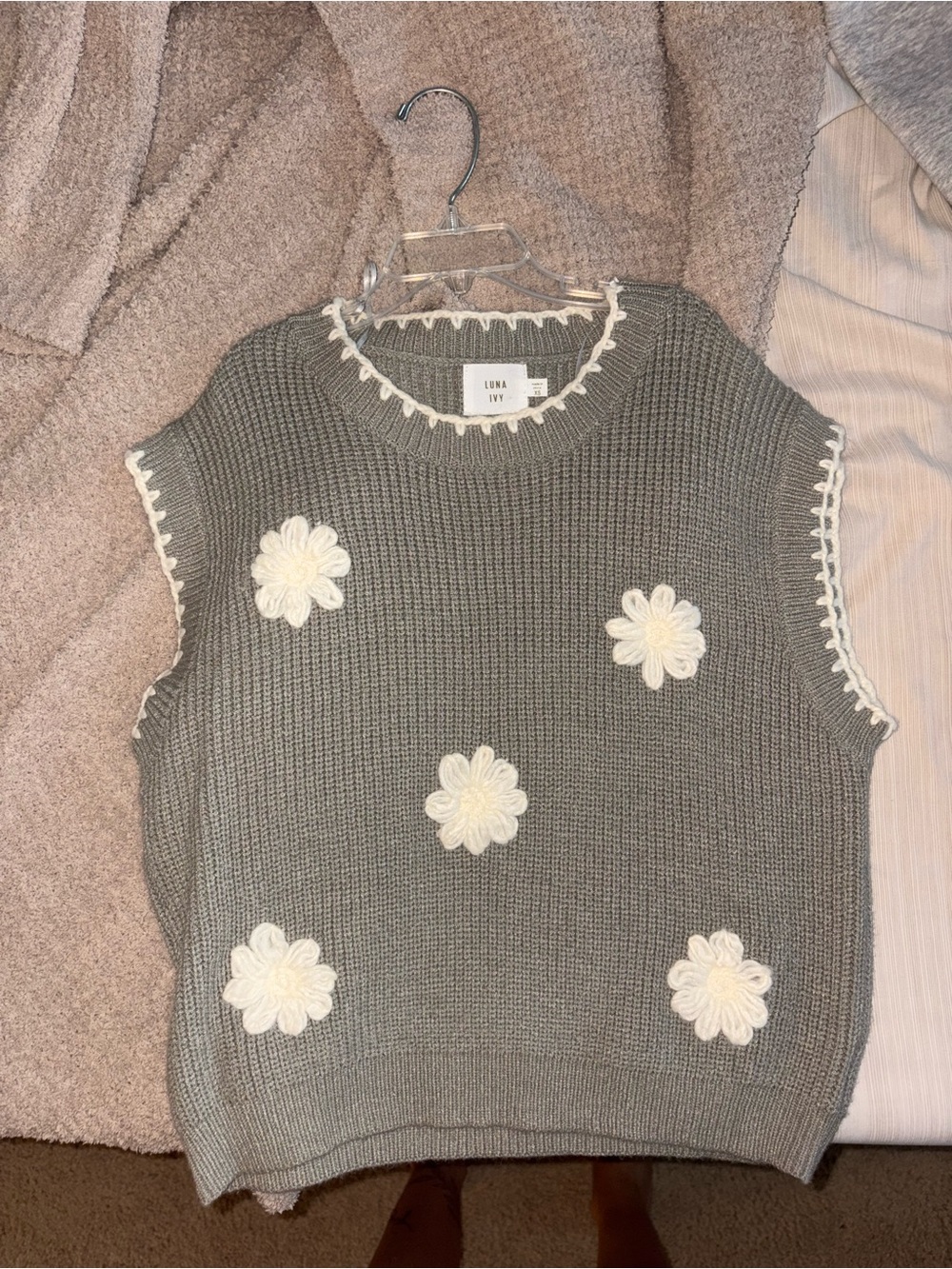 Women's sage green  Crochet Flower V-Neck Sweater Vest